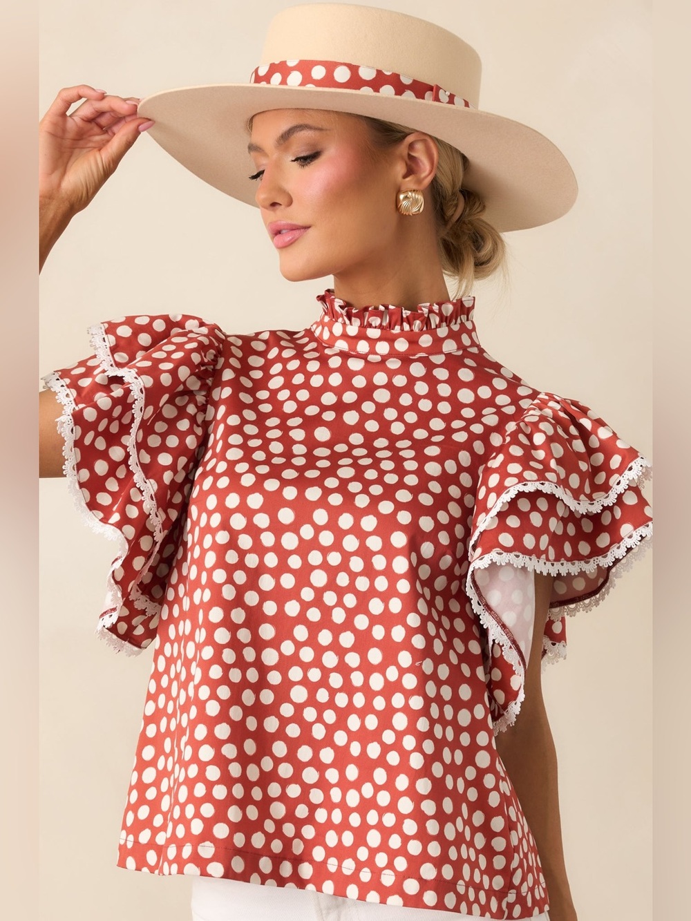 PROSPERINA BLAIR BRICK RED POLKA DOT COTTON RUFFLE TOP